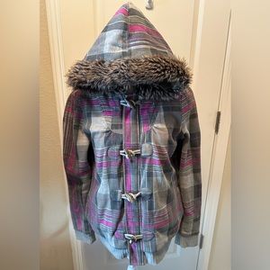 Roxy Sweater Jacket Grey Plaid Full Zip Faux Fur Hood Pockets Lined